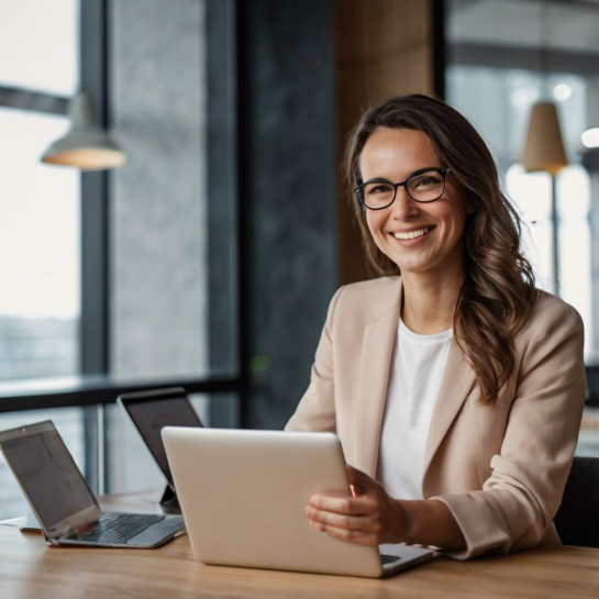 Mulher sorrindo usando tecnologia